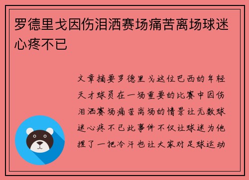 罗德里戈因伤泪洒赛场痛苦离场球迷心疼不已 罗德里戈因伤泪洒赛场痛苦离场球迷心疼不已
