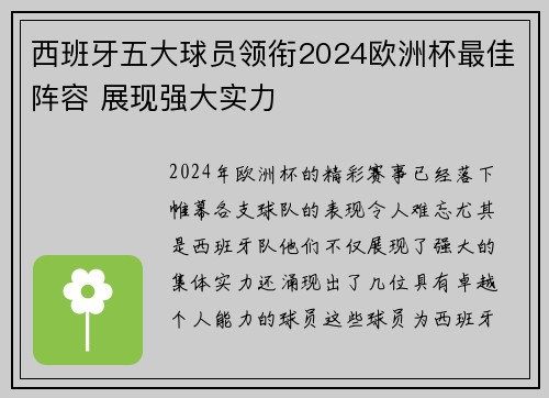 西班牙五大球员领衔2024欧洲杯最佳阵容 展现强大实力 西班牙五大球员领衔2024欧洲杯最佳阵容 展现强大实力